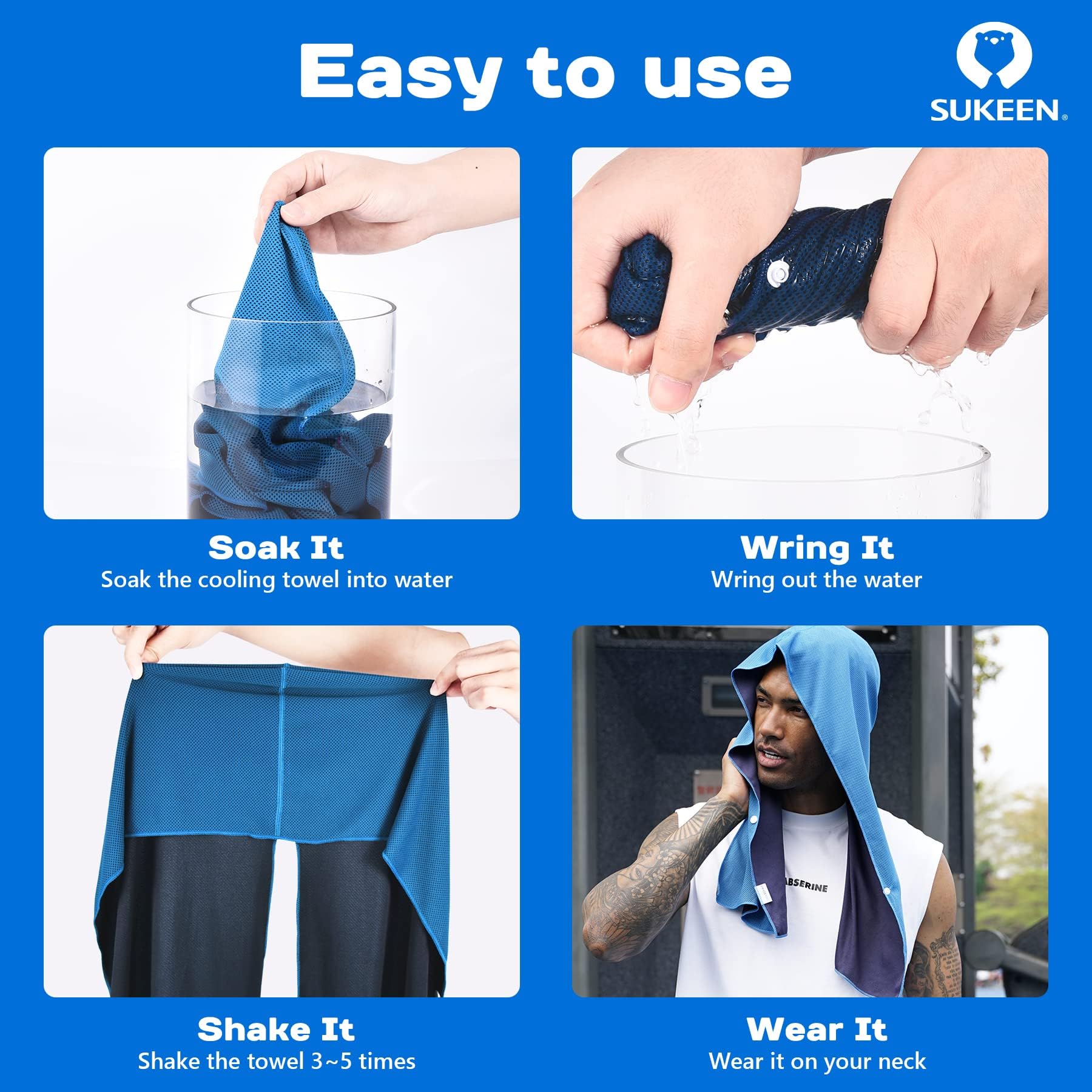 Sukeen towel worn under a cyclist helmet demonstrating secure fit and sweat control