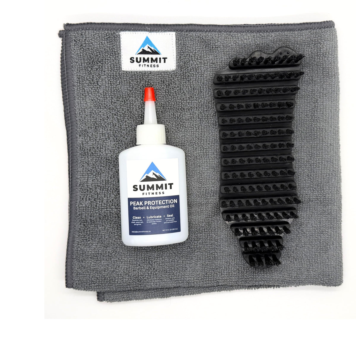SUMMIT FITNESS front view of the full barbell care kit showing included items and benefits