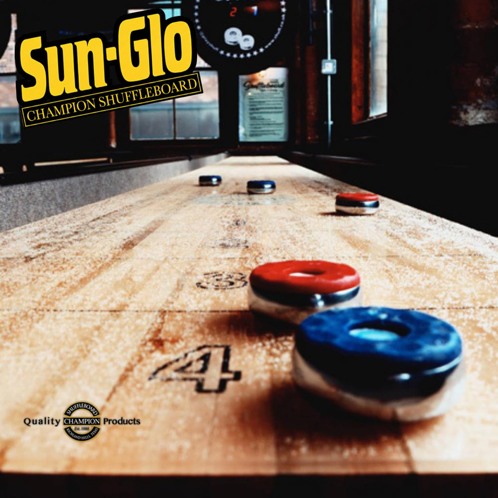 Sun-Glo powder being applied on shuffleboard table for smoother play