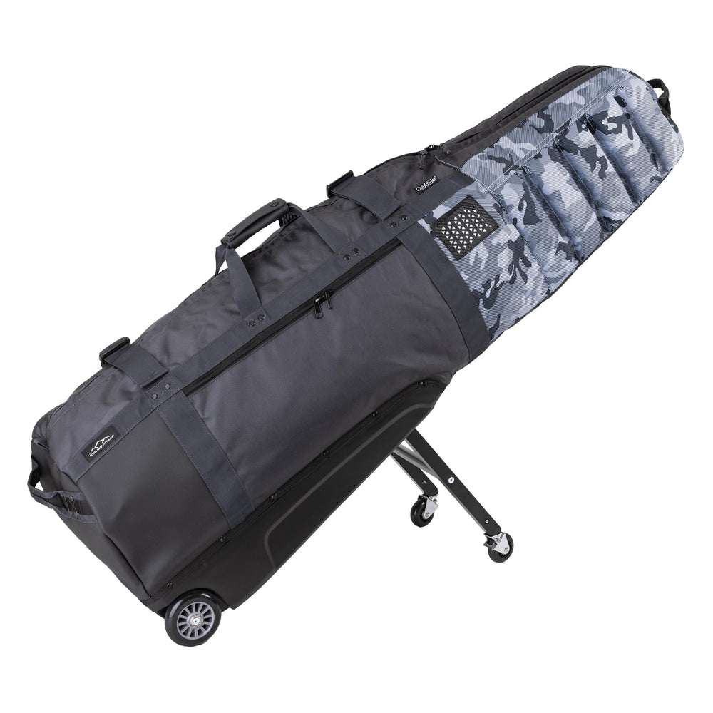 Sun Mountain Meridian front view showing full bag and wheels for effortless travel