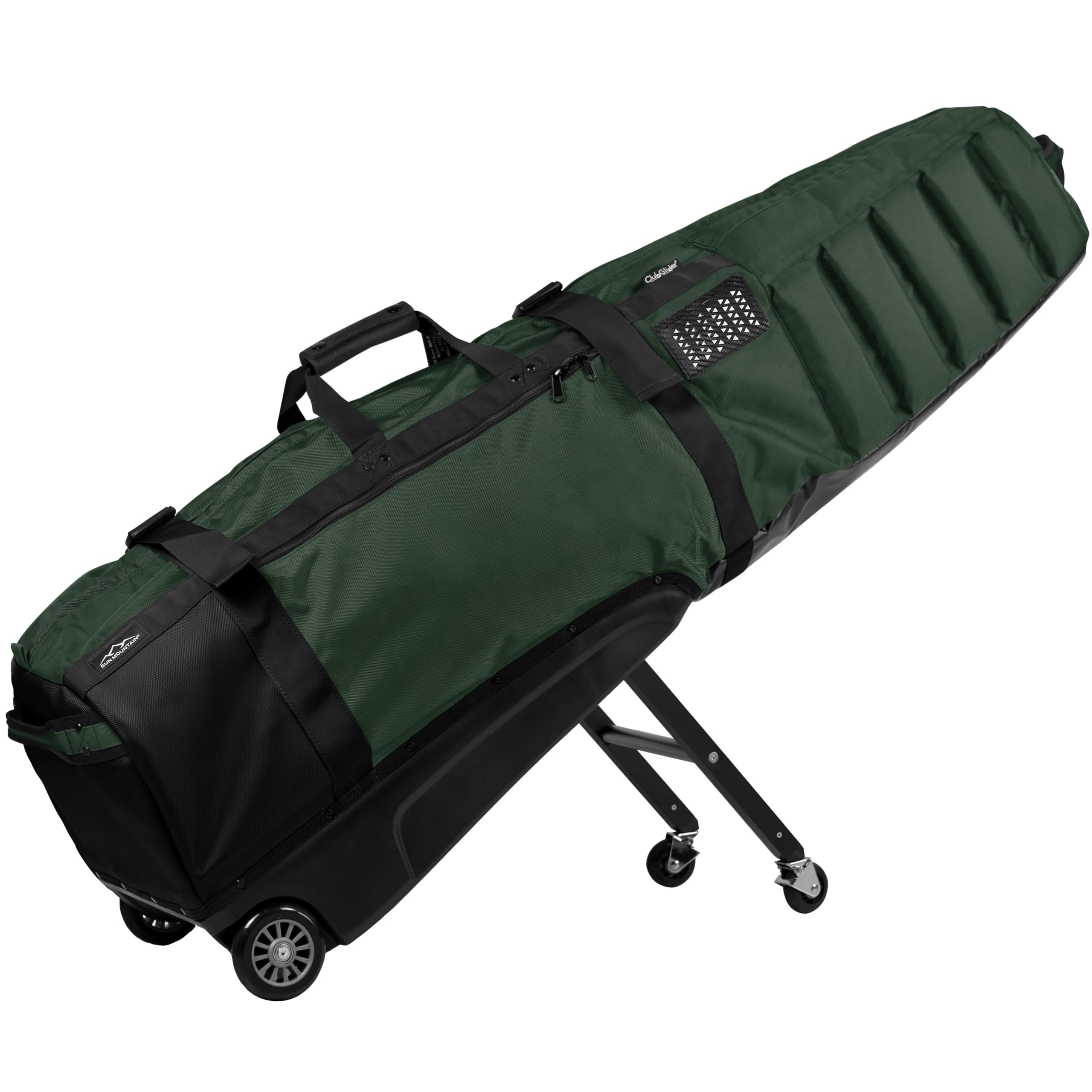 Sun Mountain front view of Meridian travel bag showing rolling system and protection