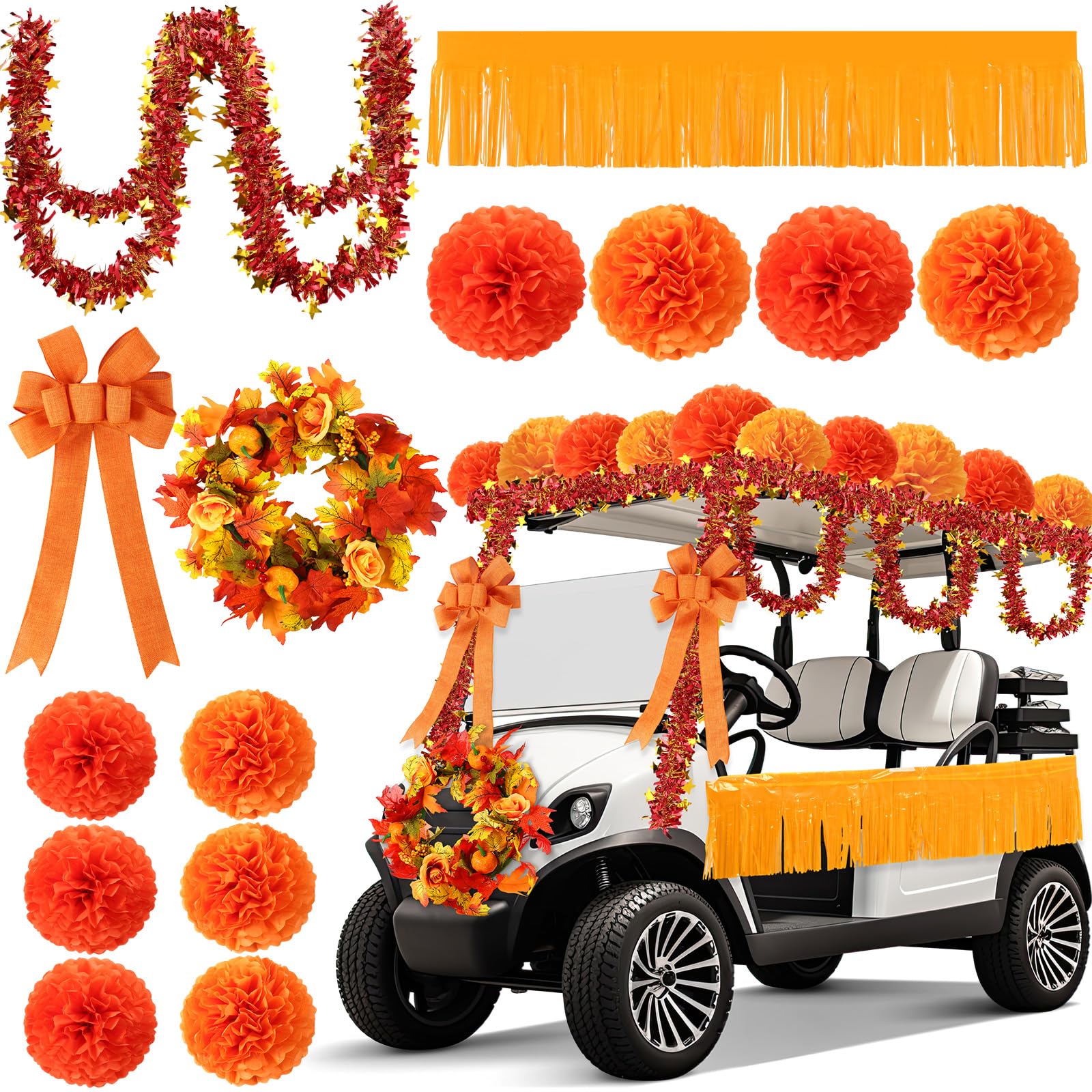 Suncalla golf cart front decorated with fall pieces and bold harvest color