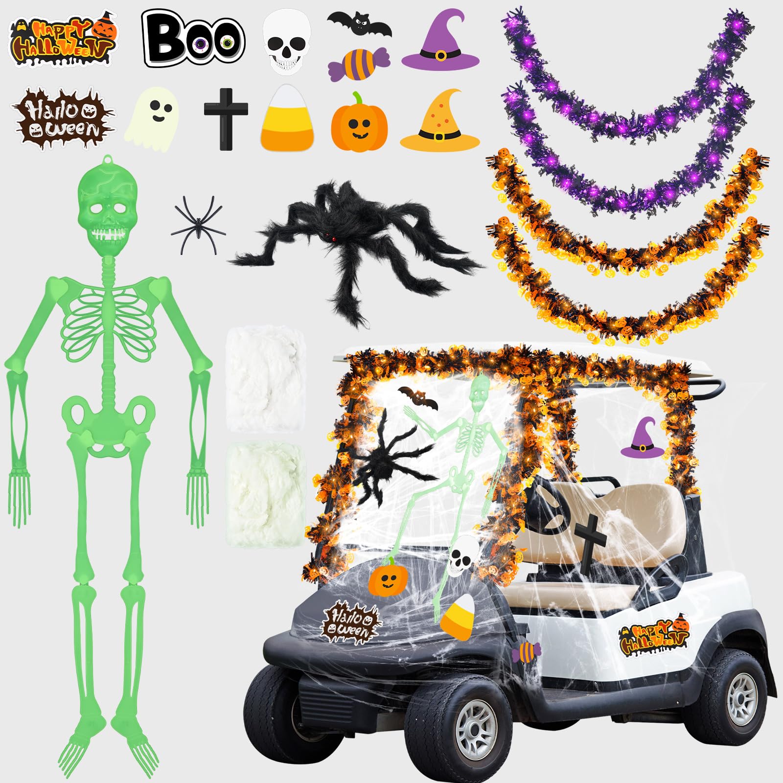 Suncalla golf cart front view showing full decorated impact and festive curb appeal