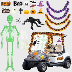 Suncalla golf cart front view showing full decorated impact and festive curb appeal