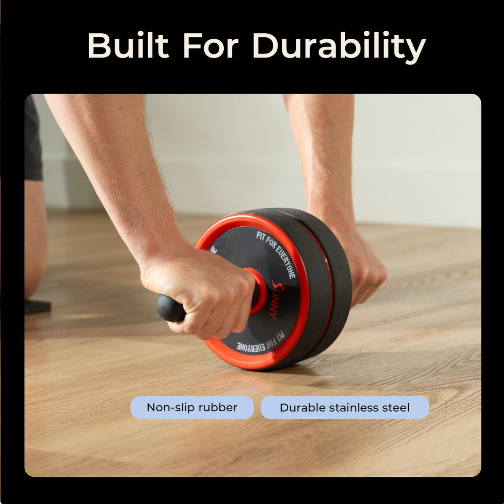 Sunny Health & Fitness ab roller in use on mat demonstrating controlled core engagement
