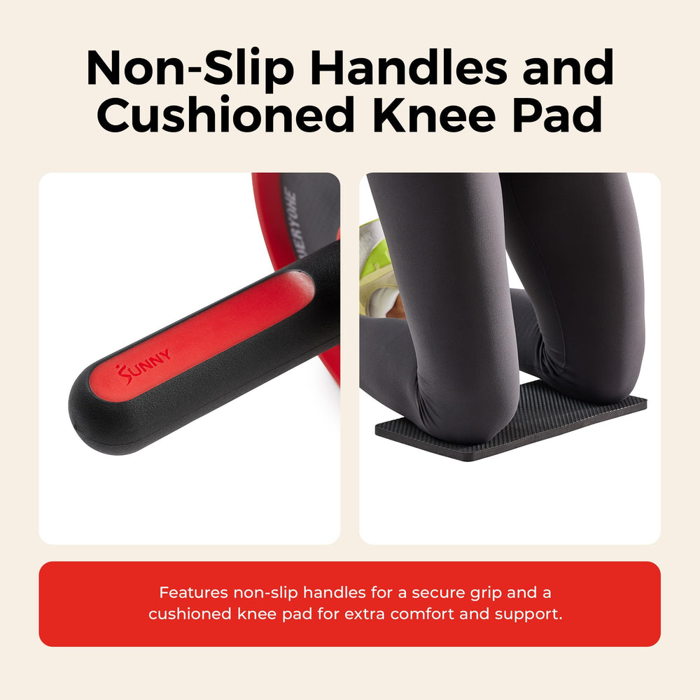 Sunny Health & Fitness cushioned knee pad shown protecting knees for longer sets