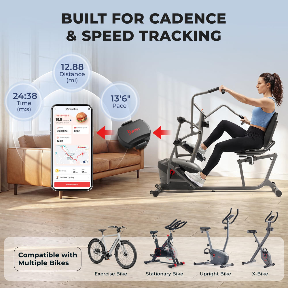 Sunny Health & Fitness paired smartphone showing SunnyFit app live metrics for guided workouts