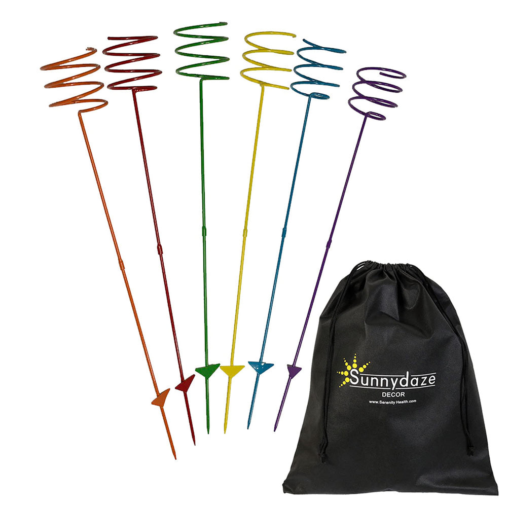 Sunnydaze front packaging showing multicolored outdoor cup holder set benefit portability