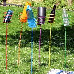Sunnydaze two-piece stake disassembled to show easy assembly and compact storage
