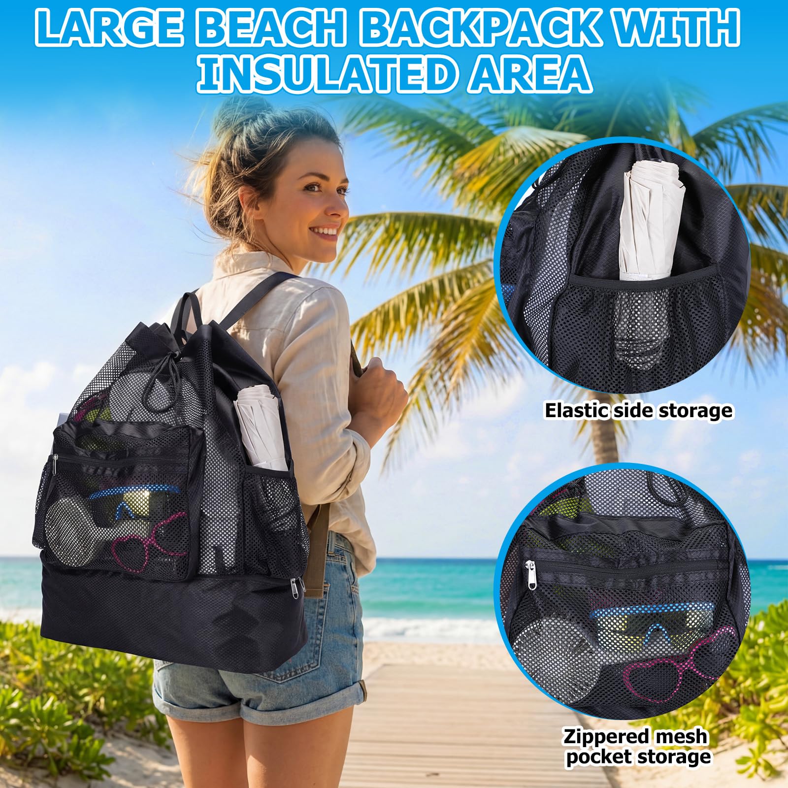 Sunnymove backpack in use at the beach keeping towels dry and drinks chilled
