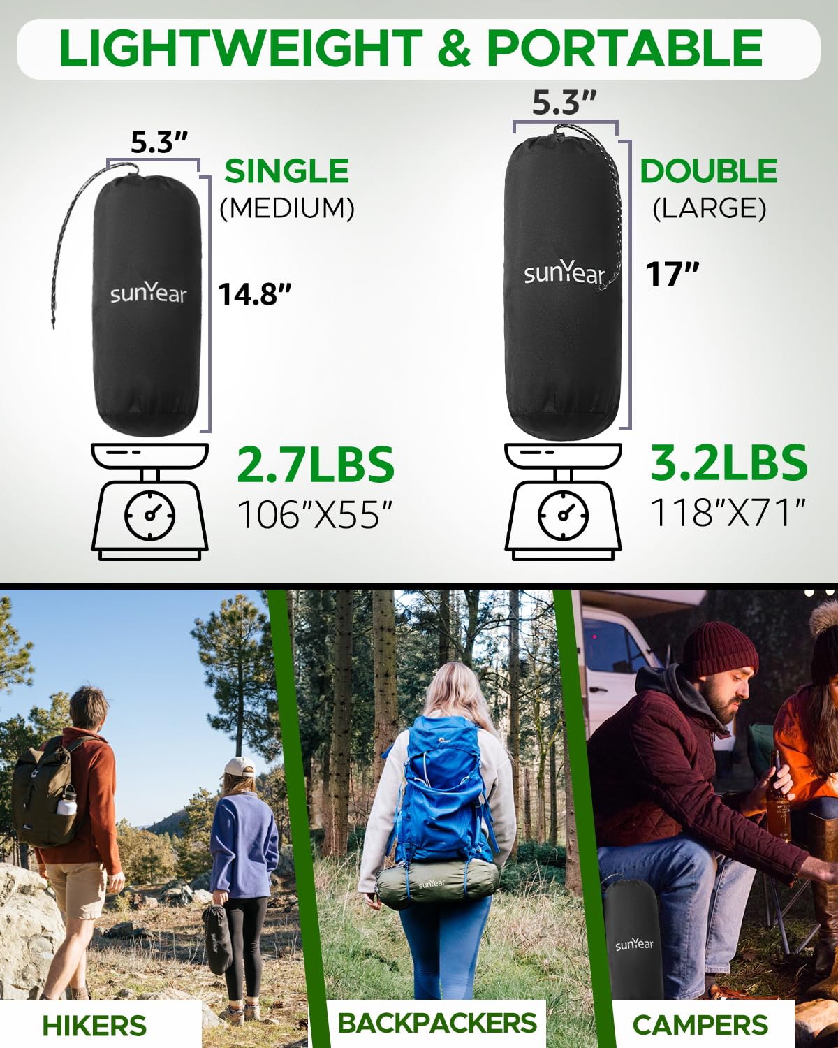 Sunyear hammock packed in its sack beside a water bottle showing compact portability benefit