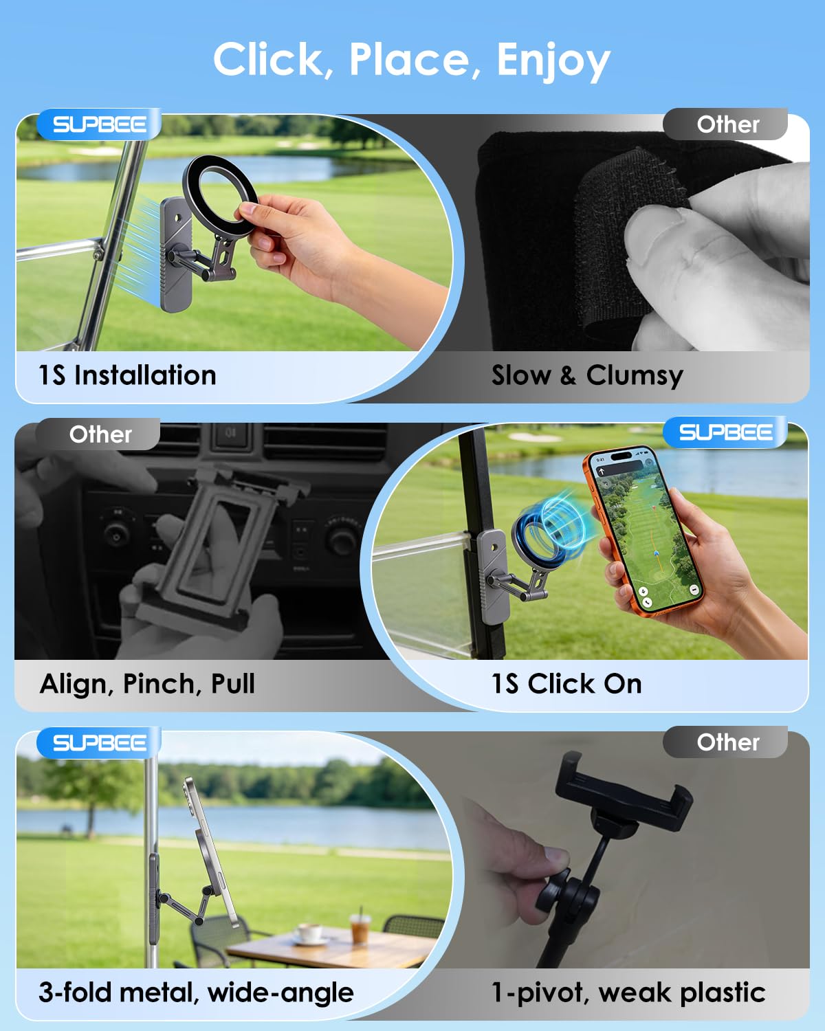 SUPBEE mounted on a golf cart strut offering hands-free GPS and swing recording