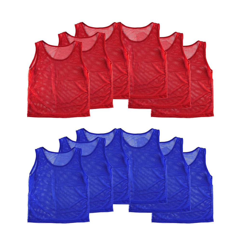 Super Z Outlet front view of red and blue pinnies showing clear team colors and visibility
