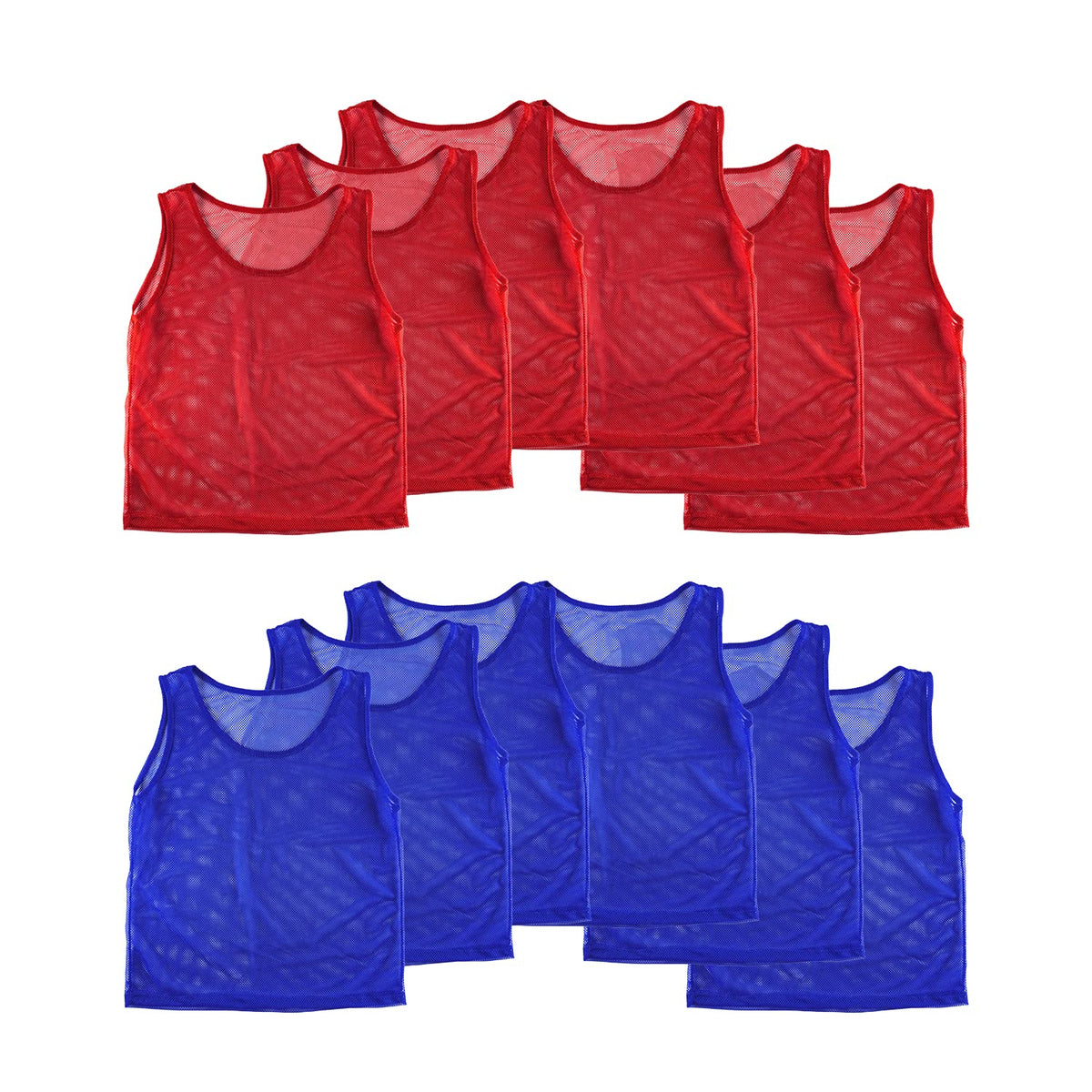 Super Z Outlet front view of red and blue pinnies showing clear team colors and visibility