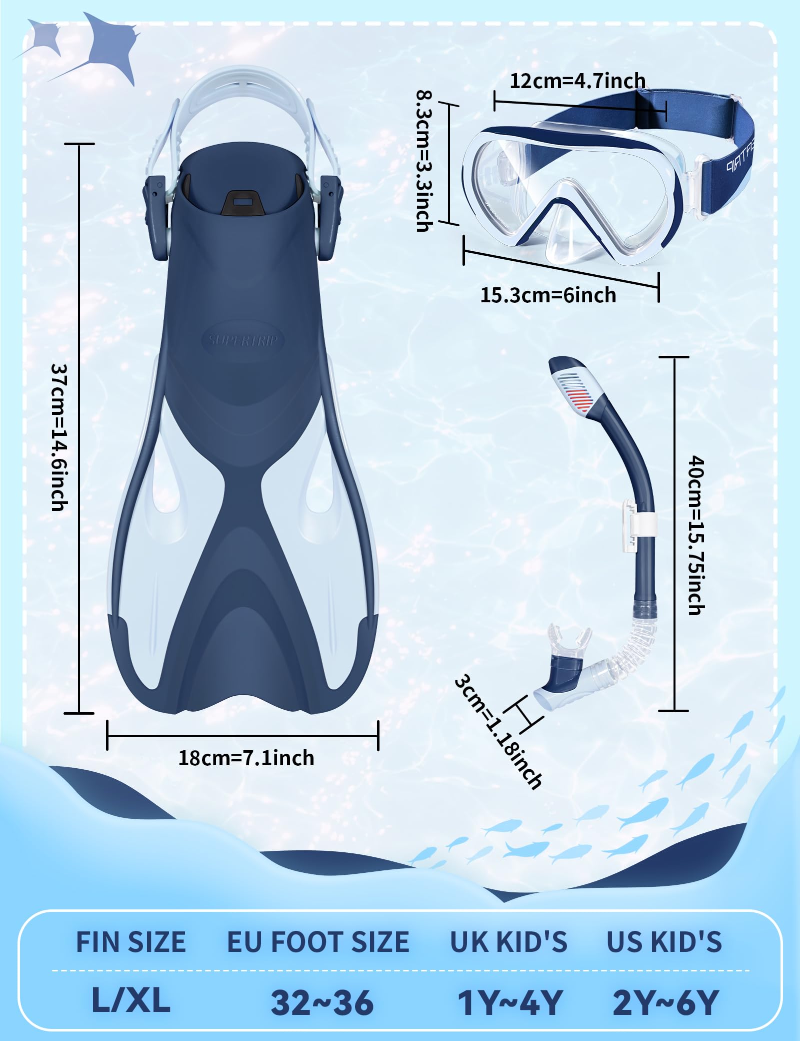 Supertrip fins next to a child foot for size scale and easy adjustability benefit