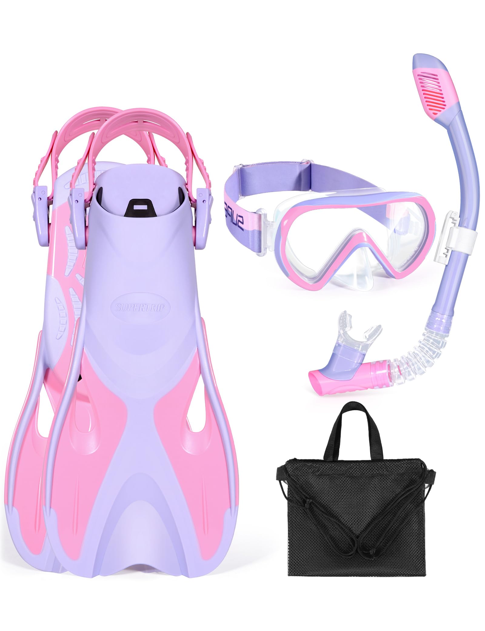 Supertrip front packaging showing full kids snorkel set and easy-packing benefit