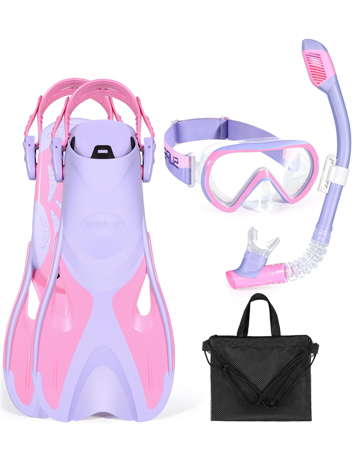 Supertrip front packaging showing full kids snorkel set and easy-packing benefit
