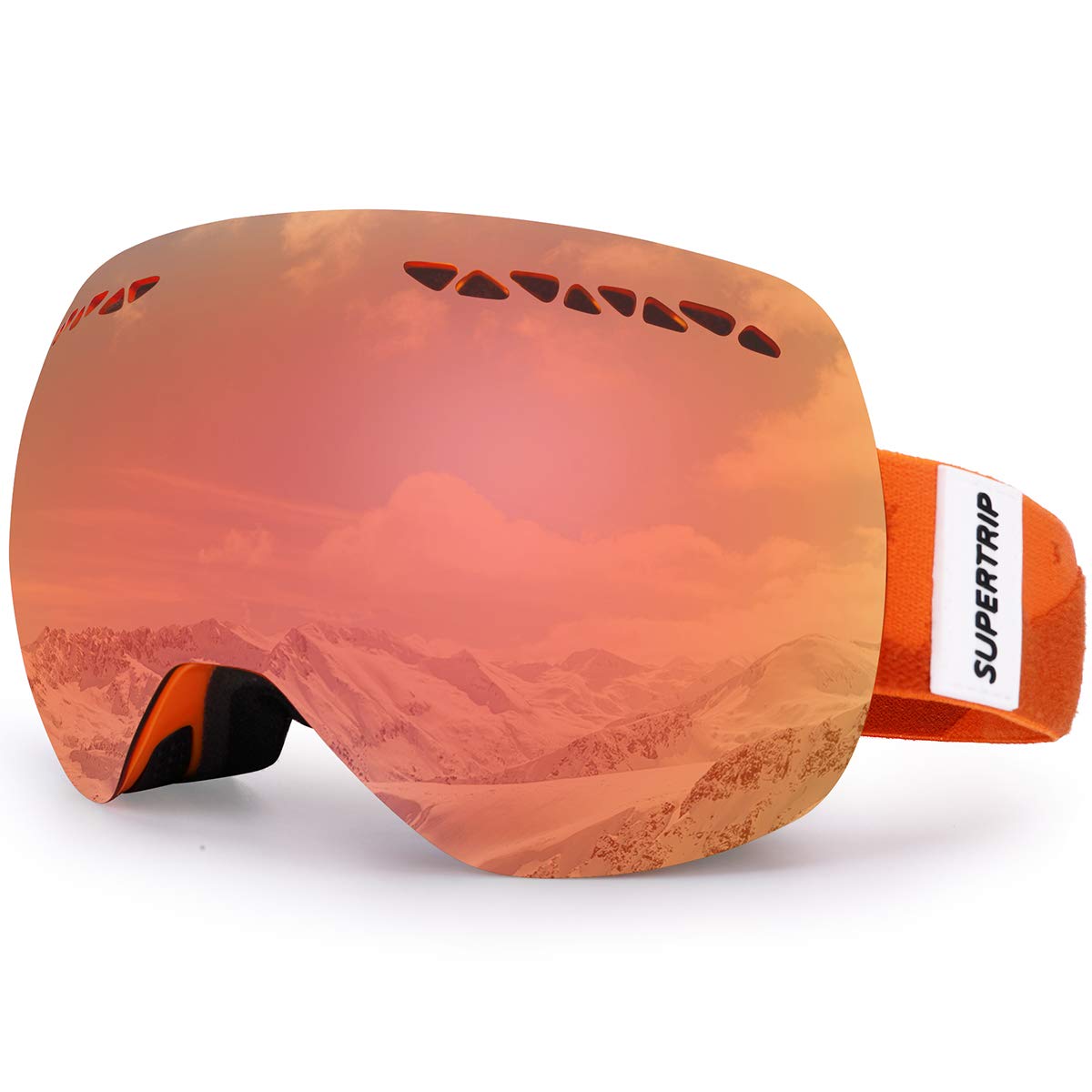 Supertrip front view of goggles showing wide field of vision and comfort