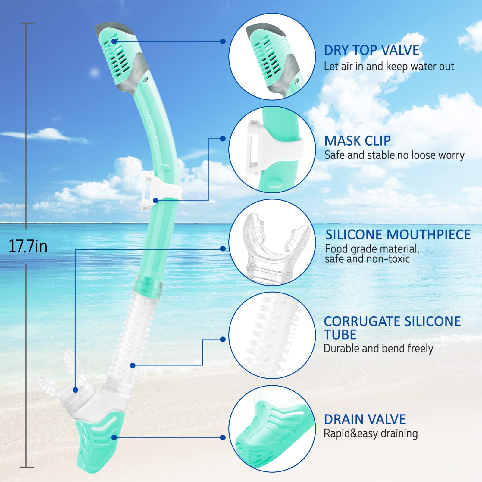 Supertrip snorkeling kit in use by a swimmer showing comfortable fit and clear vision benefit