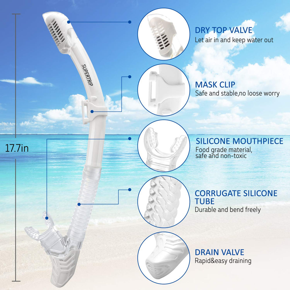 Supertrip mask and snorkel in use with snorkeler enjoying wide underwater view and comfort