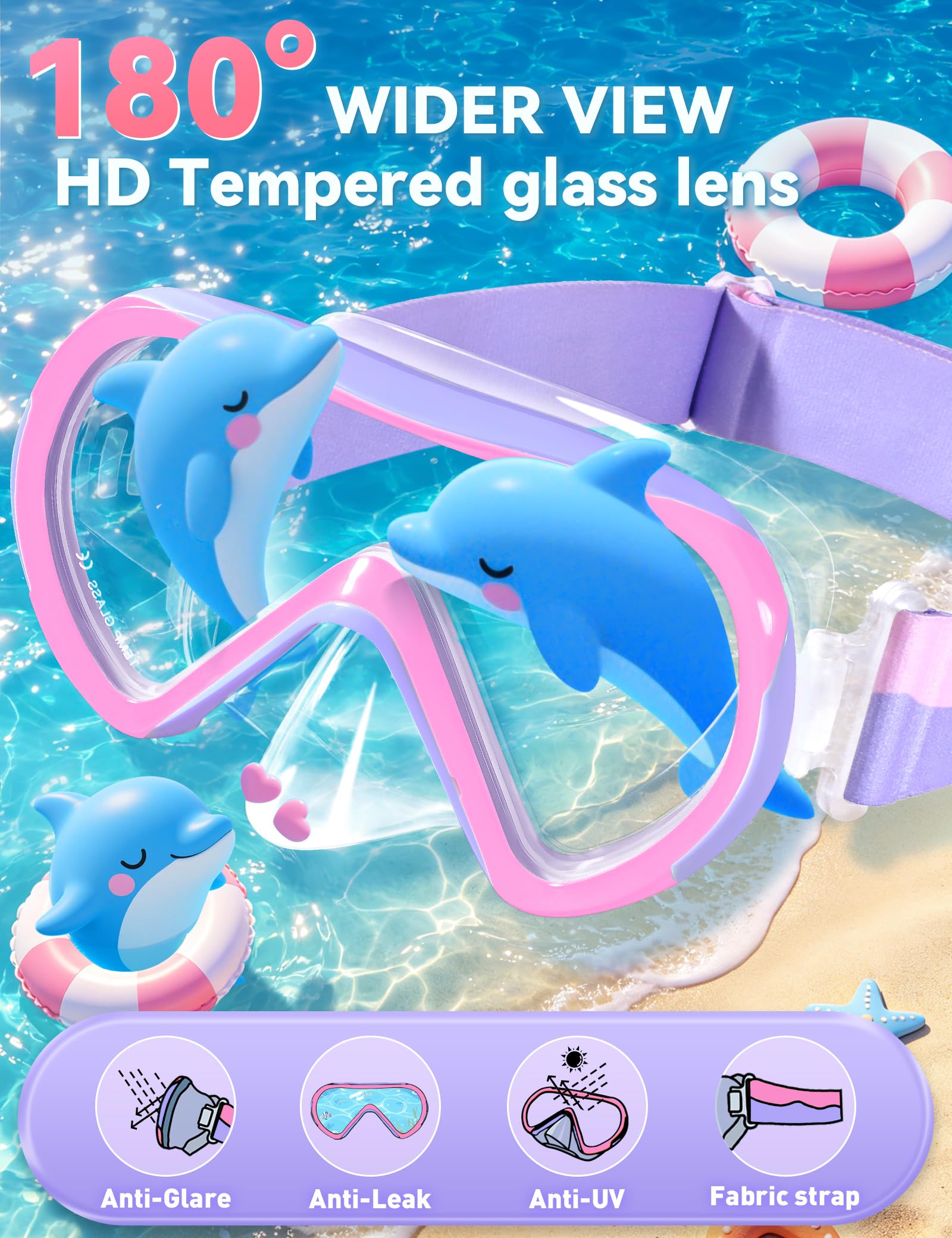 Supertrip close-up of tempered-glass mask lens giving kids clearer underwater view