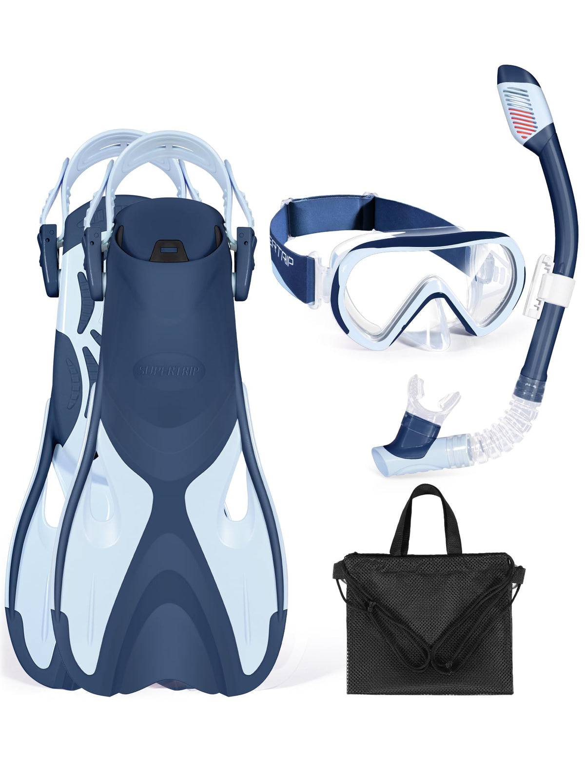 Supertrip panoramic mask front view showing clear lens and secure seal to improve visibility
