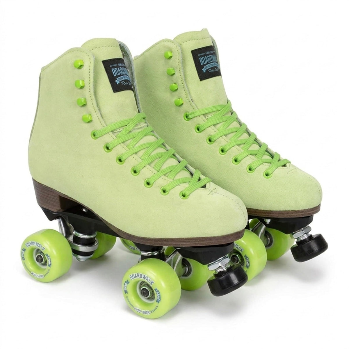 Sure-Grip front view of key lime skate showing retro suede and supportive fit