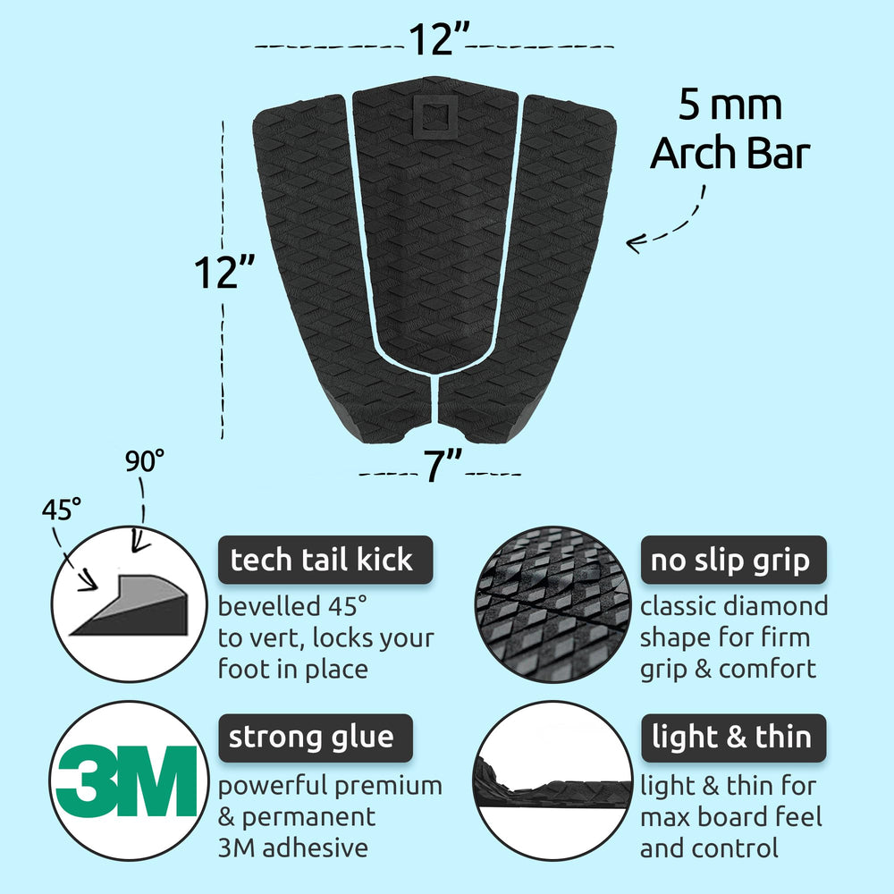 Surf Squared pad fitted on a longboard demonstrating wider stance stability