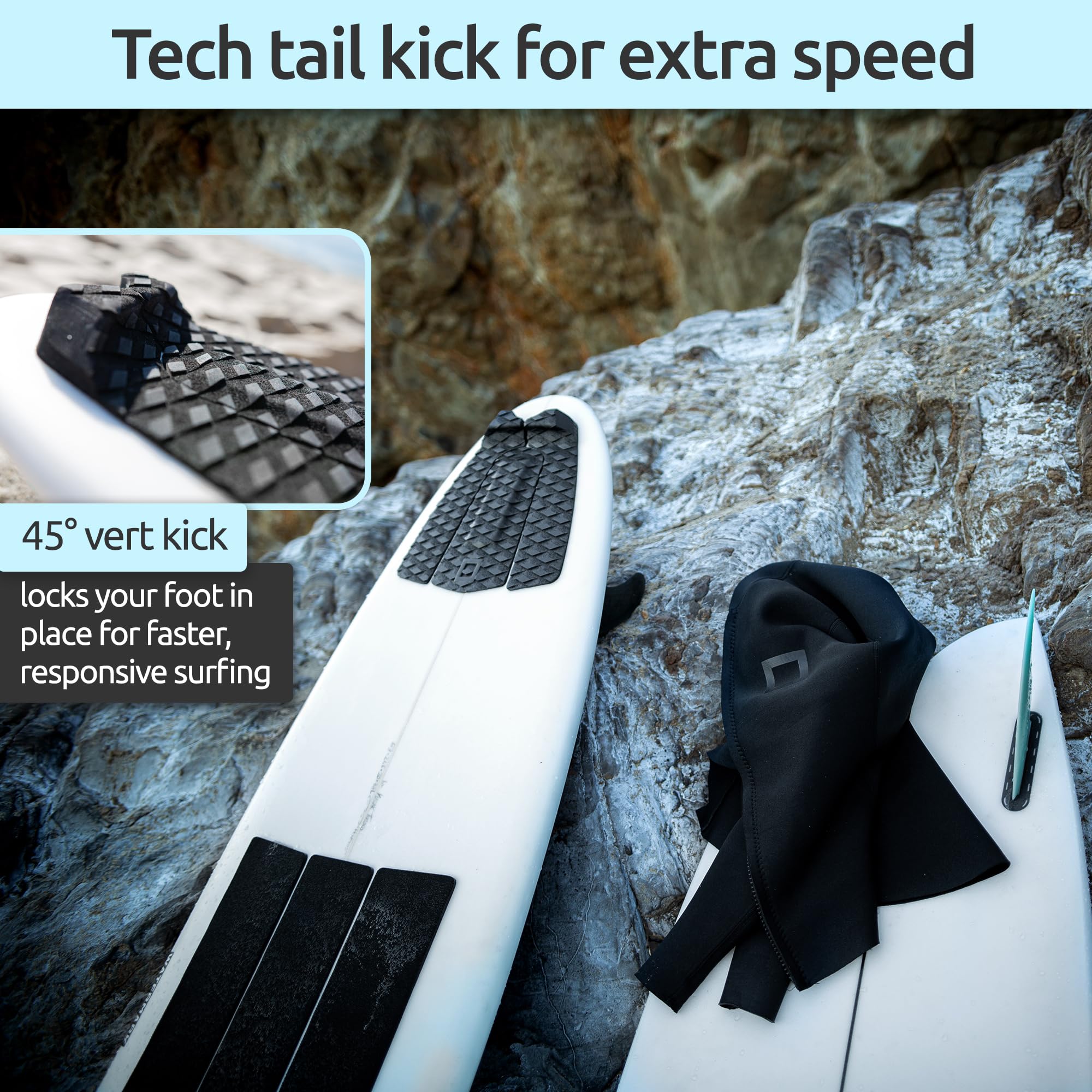 Surf Squared side view of 28mm kick profile locking heel in place to reduce slips