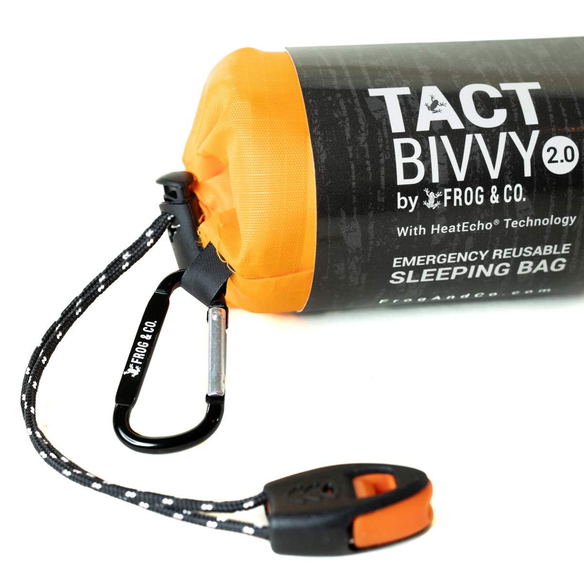 Survival Frog carabiner and whistle attached to bivvy showing signaling and attachment benefit