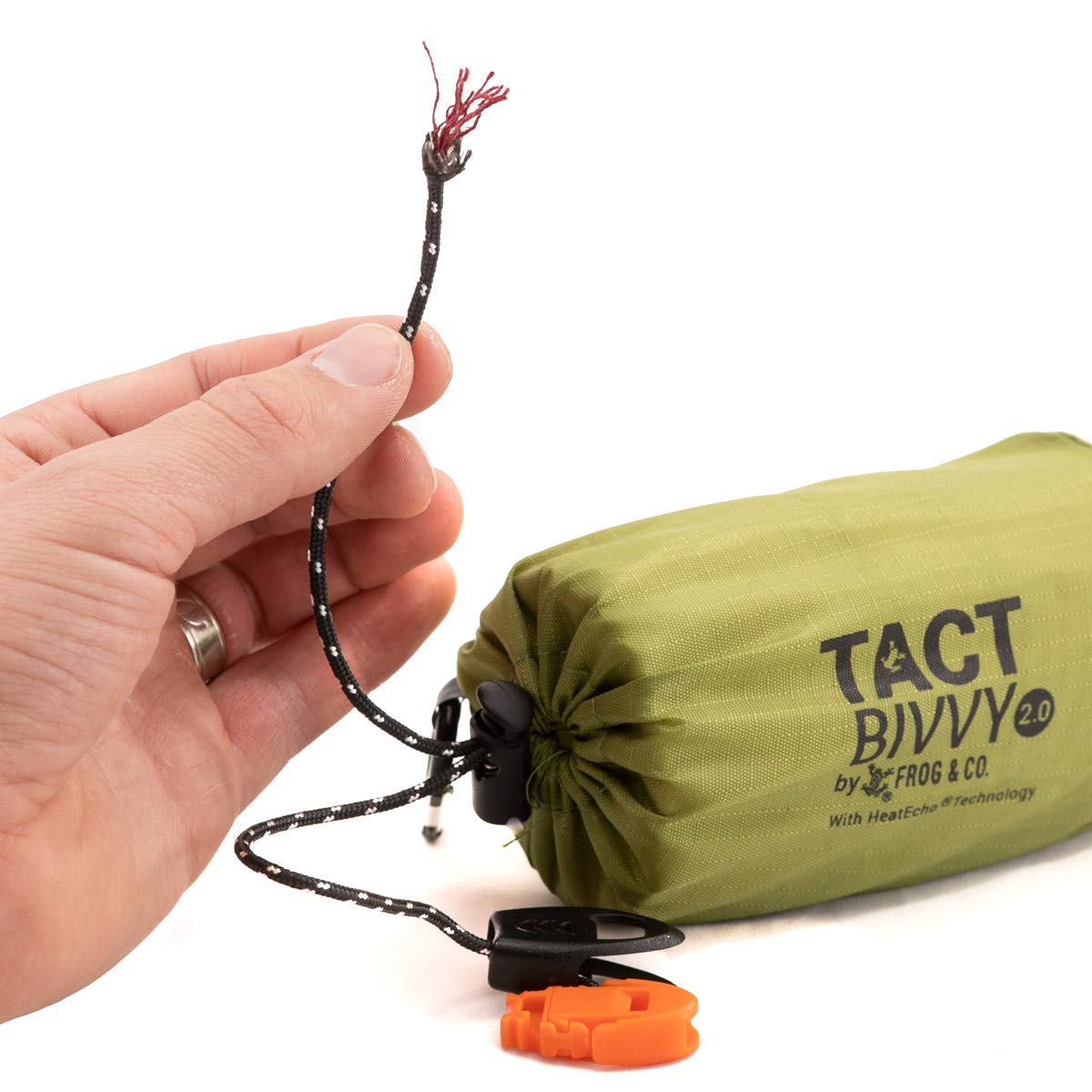 Survival Frog para-tinder drawcord with whistle and carabiner for signaling and fire-starting