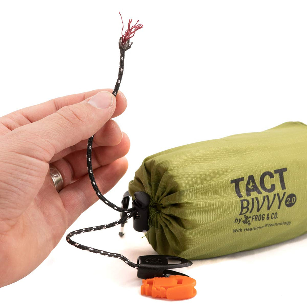 Survival Frog para-tinder drawcord with whistle and carabiner for signaling and fire-starting