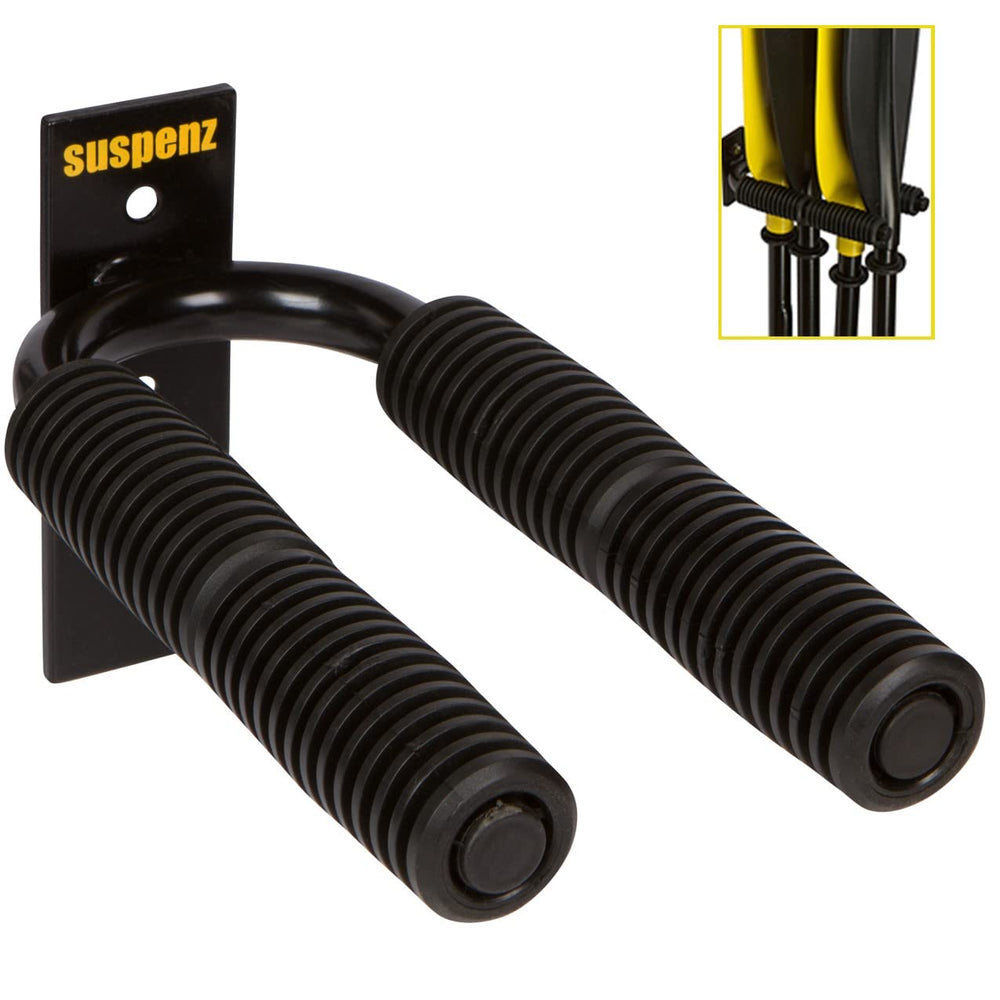 Suspenz 4-paddle rack front view shows compact black steel storage and quick access
