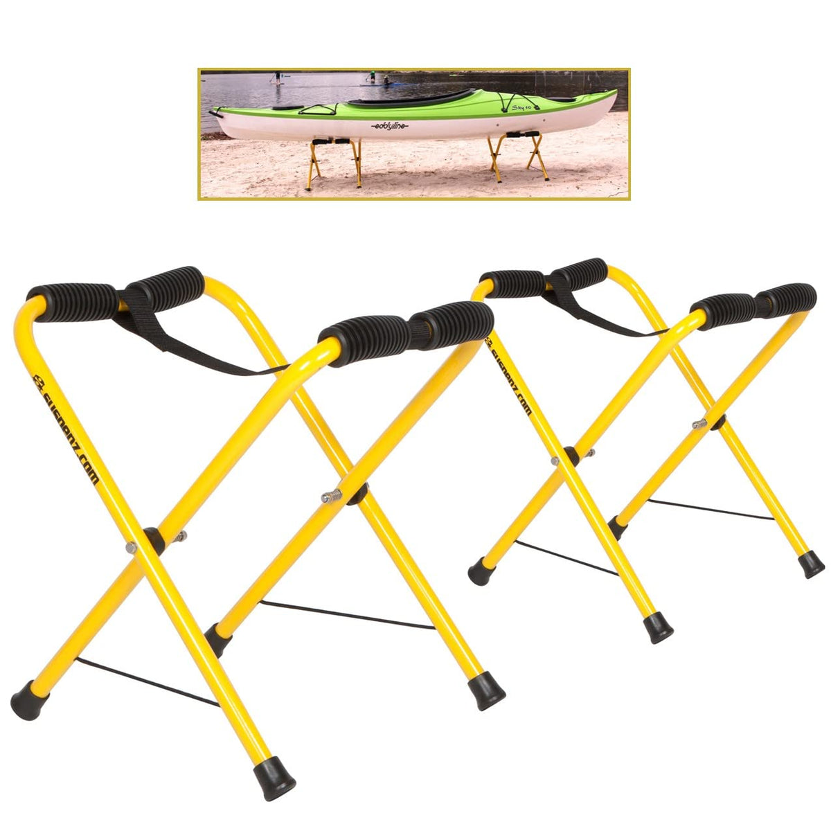 Suspenz front view of folding kayak stand showing stable support and quick setup