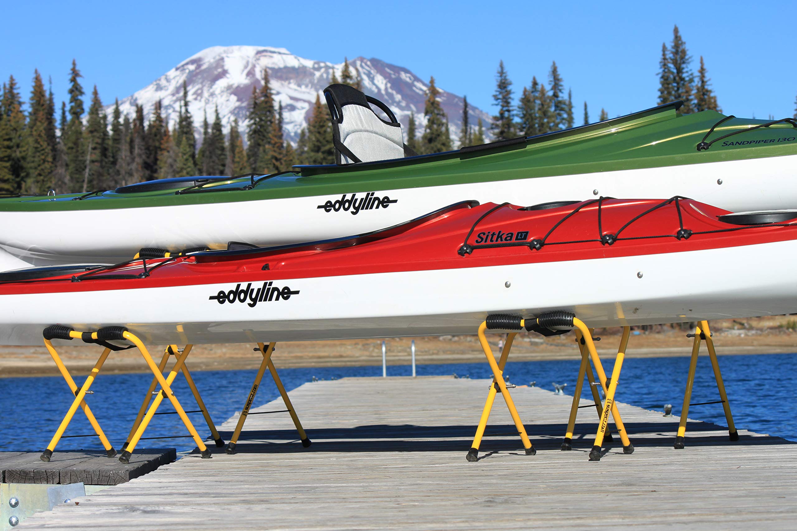 Suspenz stands holding a kayak for repairs and comfortable working height