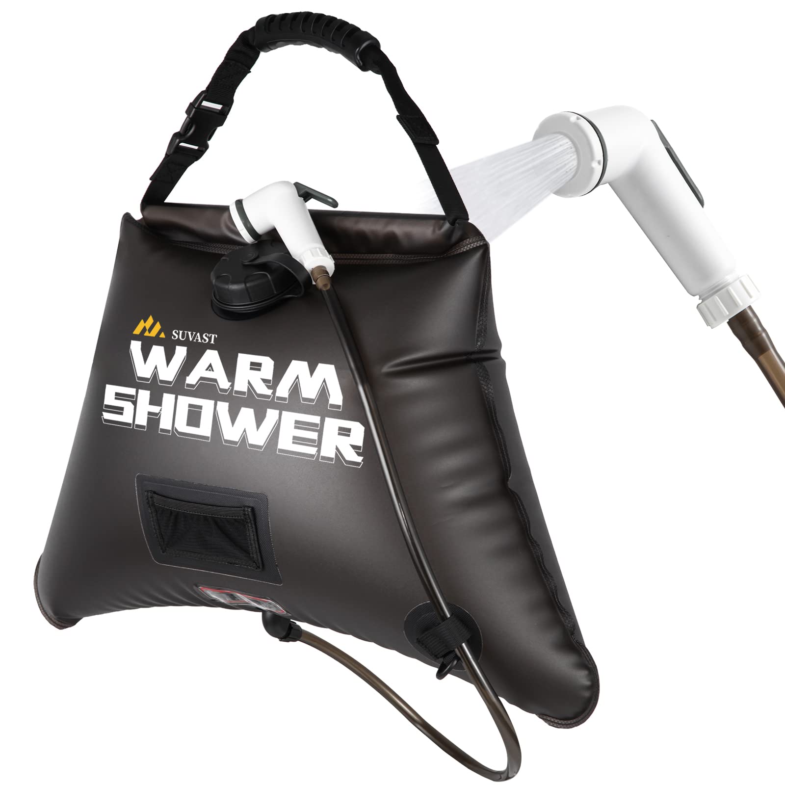 suvast outdoor shower bag front view showing capacity and black solar panel for fast heating