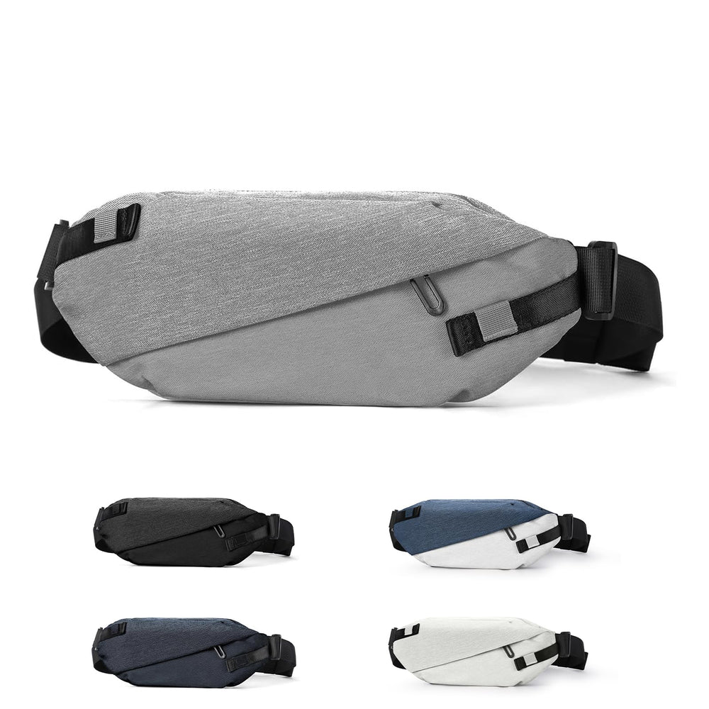suwasp front view of grey sling bag showing zip pockets and sleek silhouette for organized carry