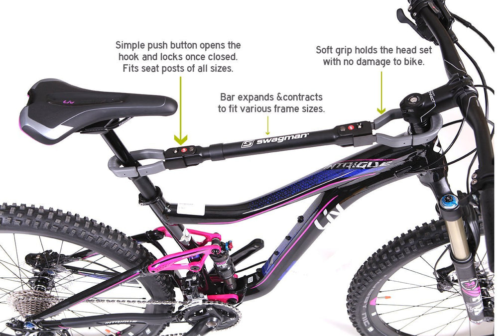 Swagman bar adapter shown next to a bike for scale and simple compatibility check