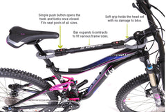 Swagman bar adapter shown next to a bike for scale and simple compatibility check