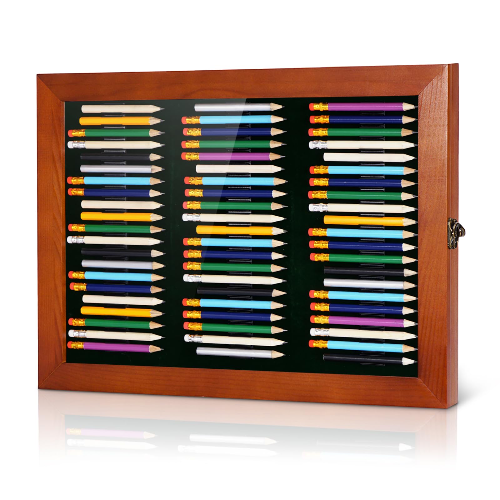 swakuszy front view of display case showing 63 pencils and clean presentation