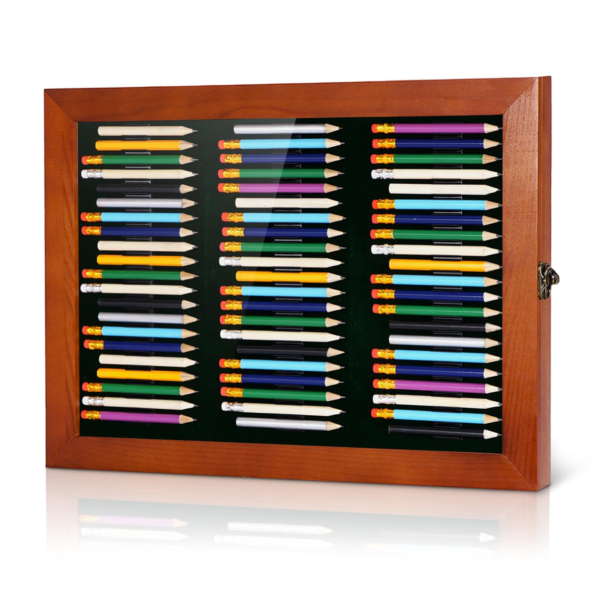 swakuszy front view of display case showing 63 pencils and clean presentation
