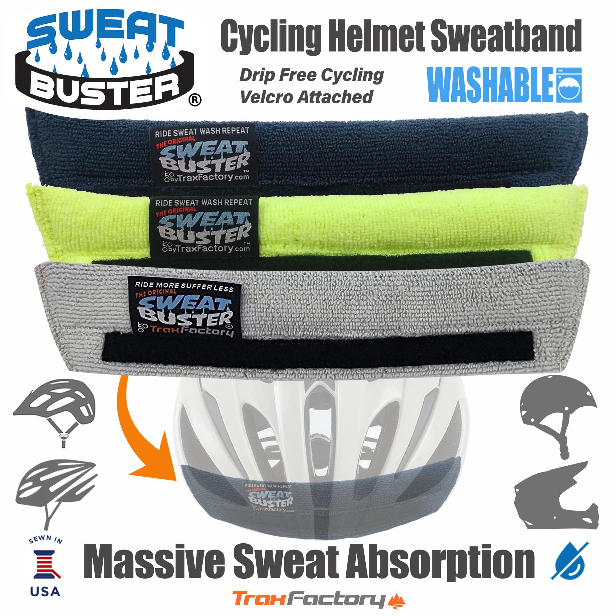 Sweat Buster label and Velcro attachment showing easy installation benefit
