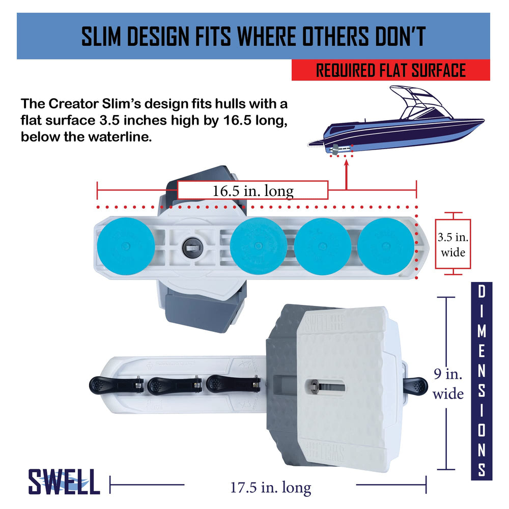 SWELL Wakesurf Creator mounted on boat transom highlighting slim base fit for narrow hulls
