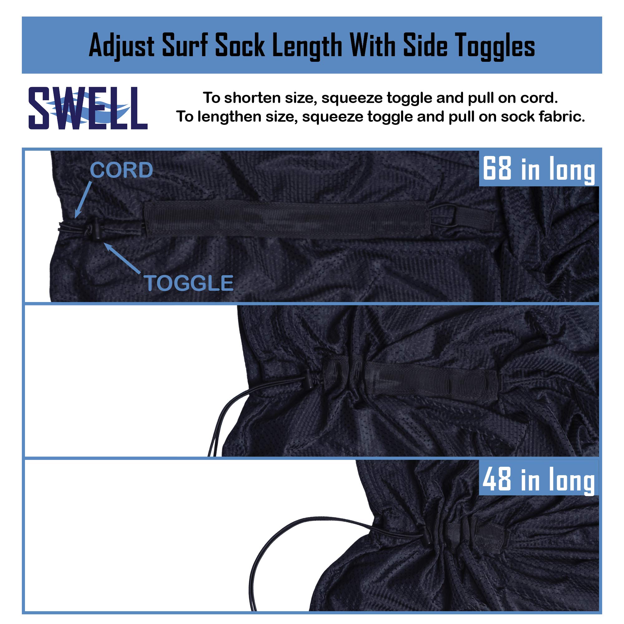 SWELL Wakesurf comparison with a board inside sock showing adjustable length fit