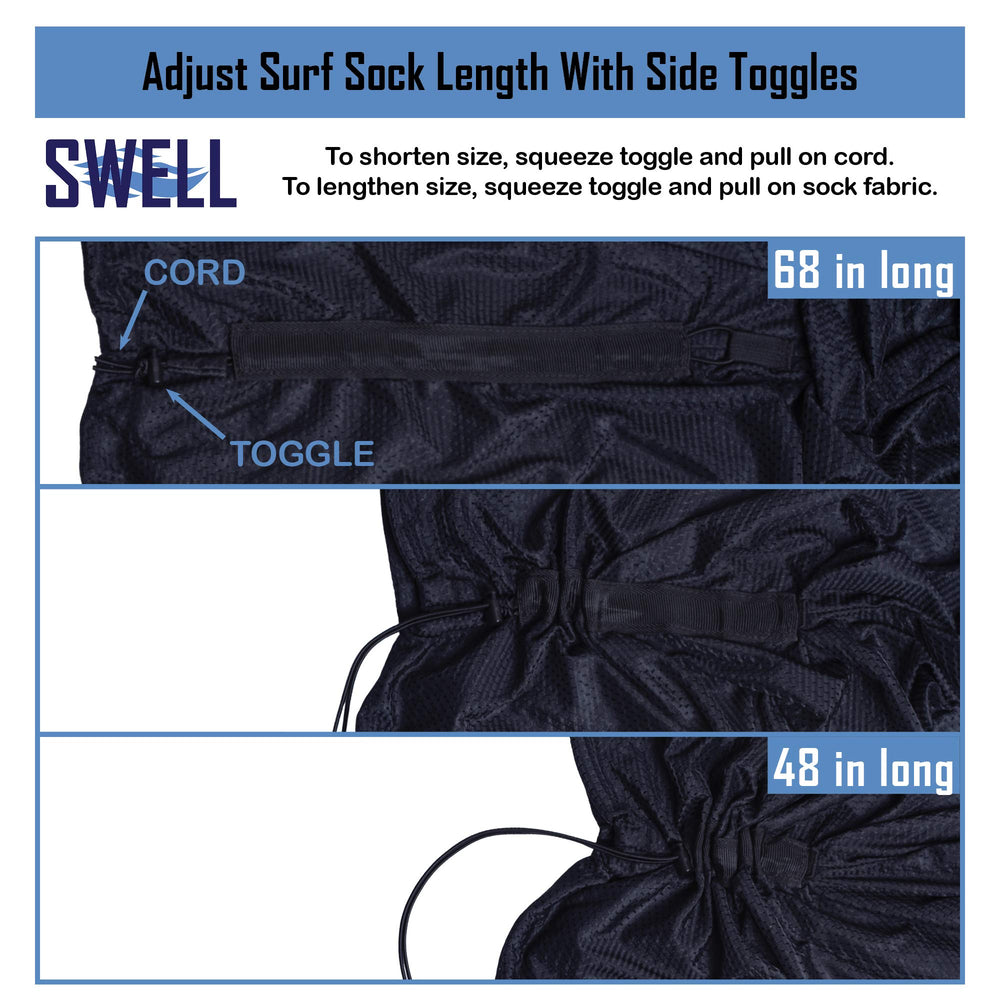 SWELL Wakesurf comparison with a board inside sock showing adjustable length fit