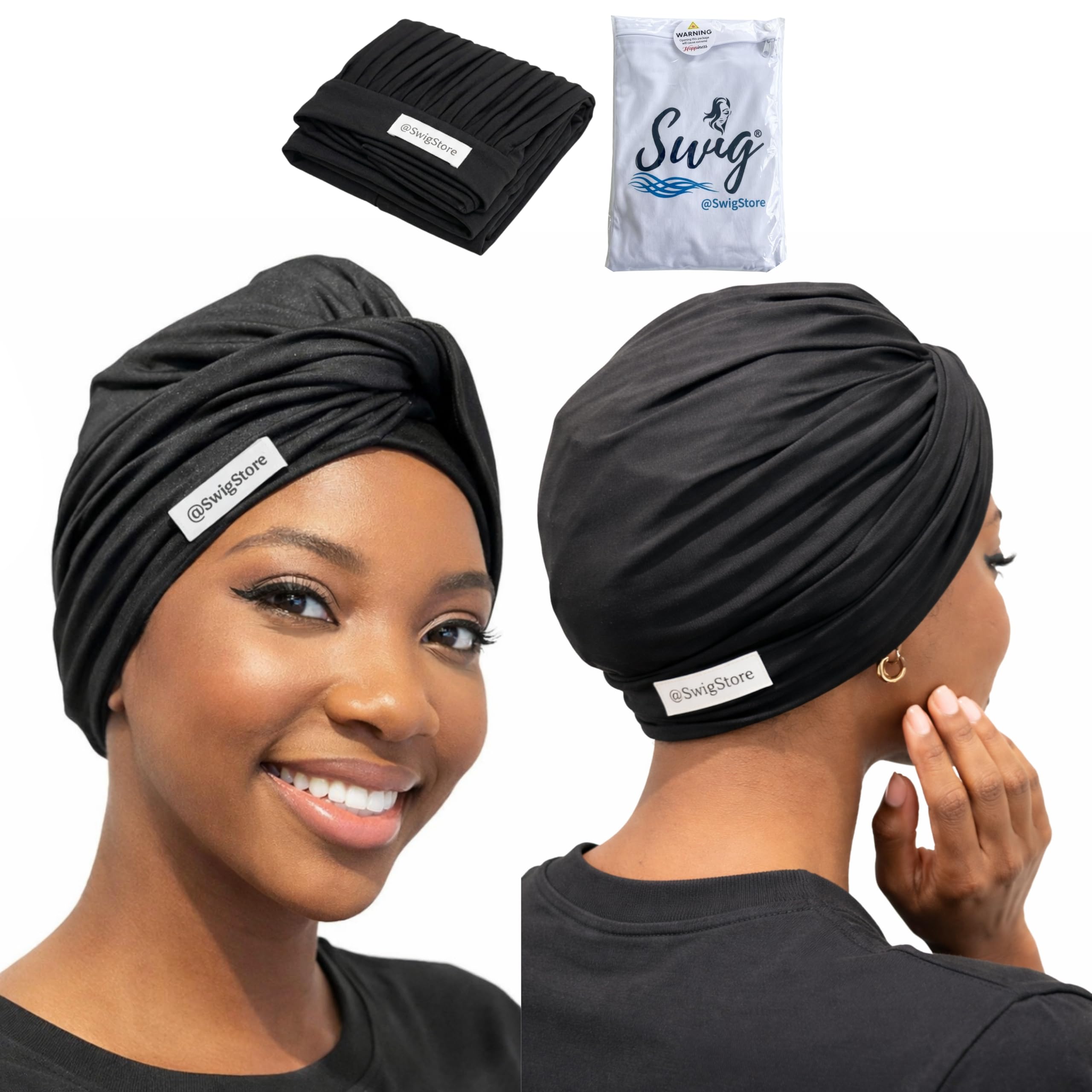 SWIG front packaging showing swim turban and included beach bag for easy transport
