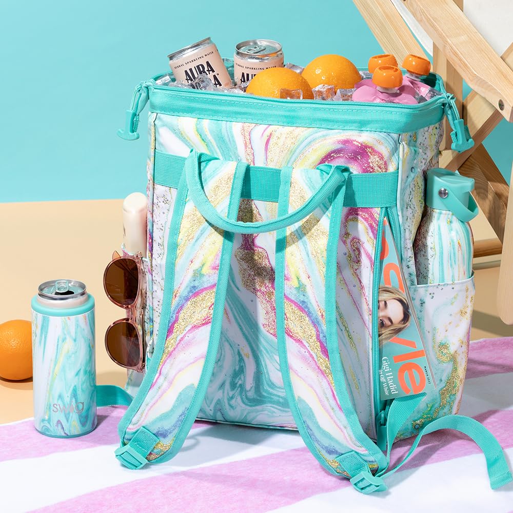 Swig Life Packi label and fabric detail showing durable, waterproof materials benefit