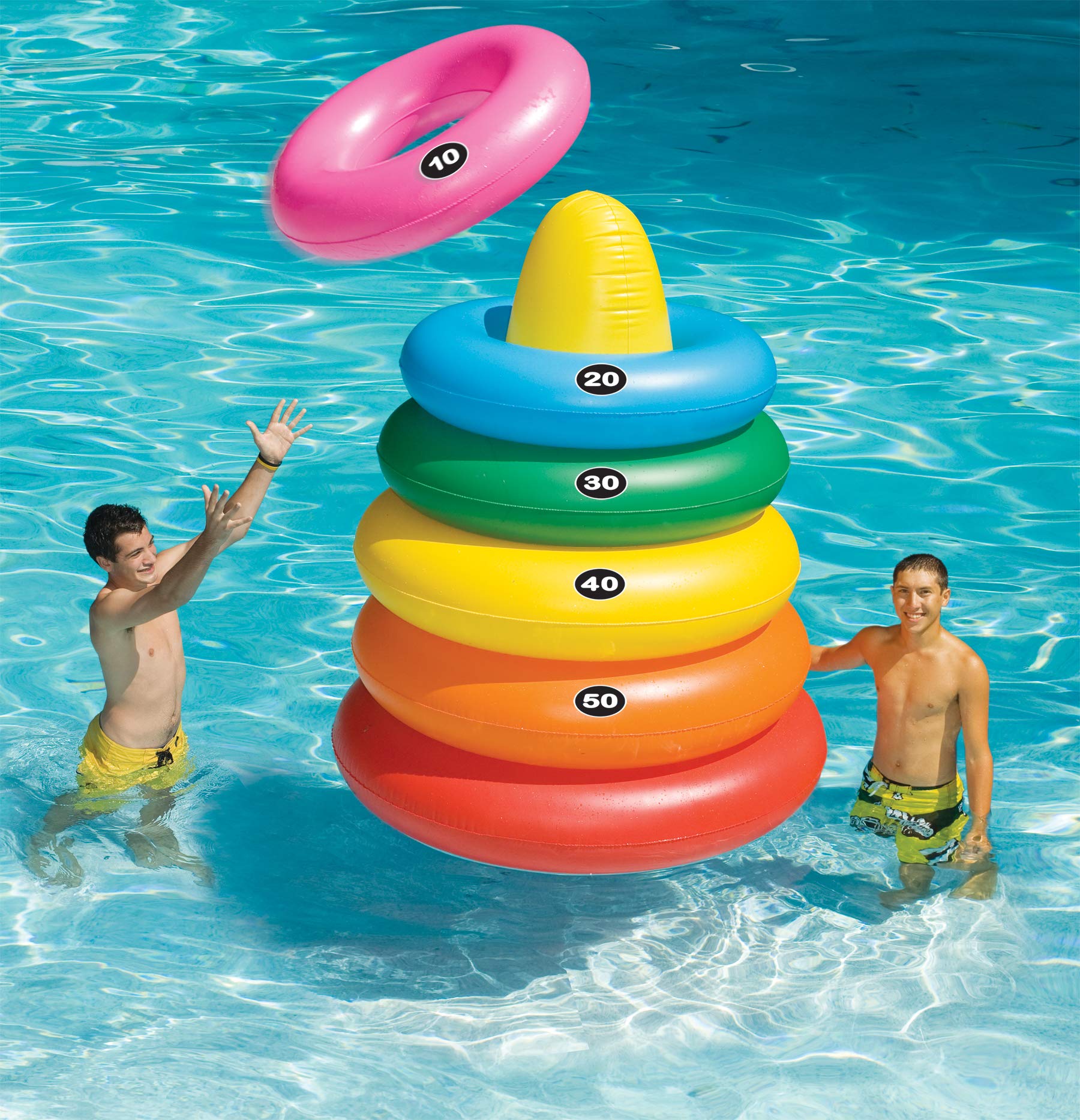 Swimline rings in use at a pool party adding competitive fun for guests