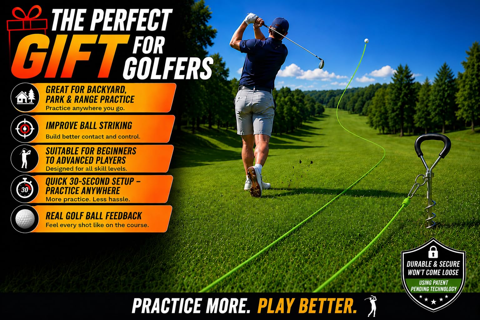 SWING AWAY! stake in hand to show portable size and easy setup for quick sessions