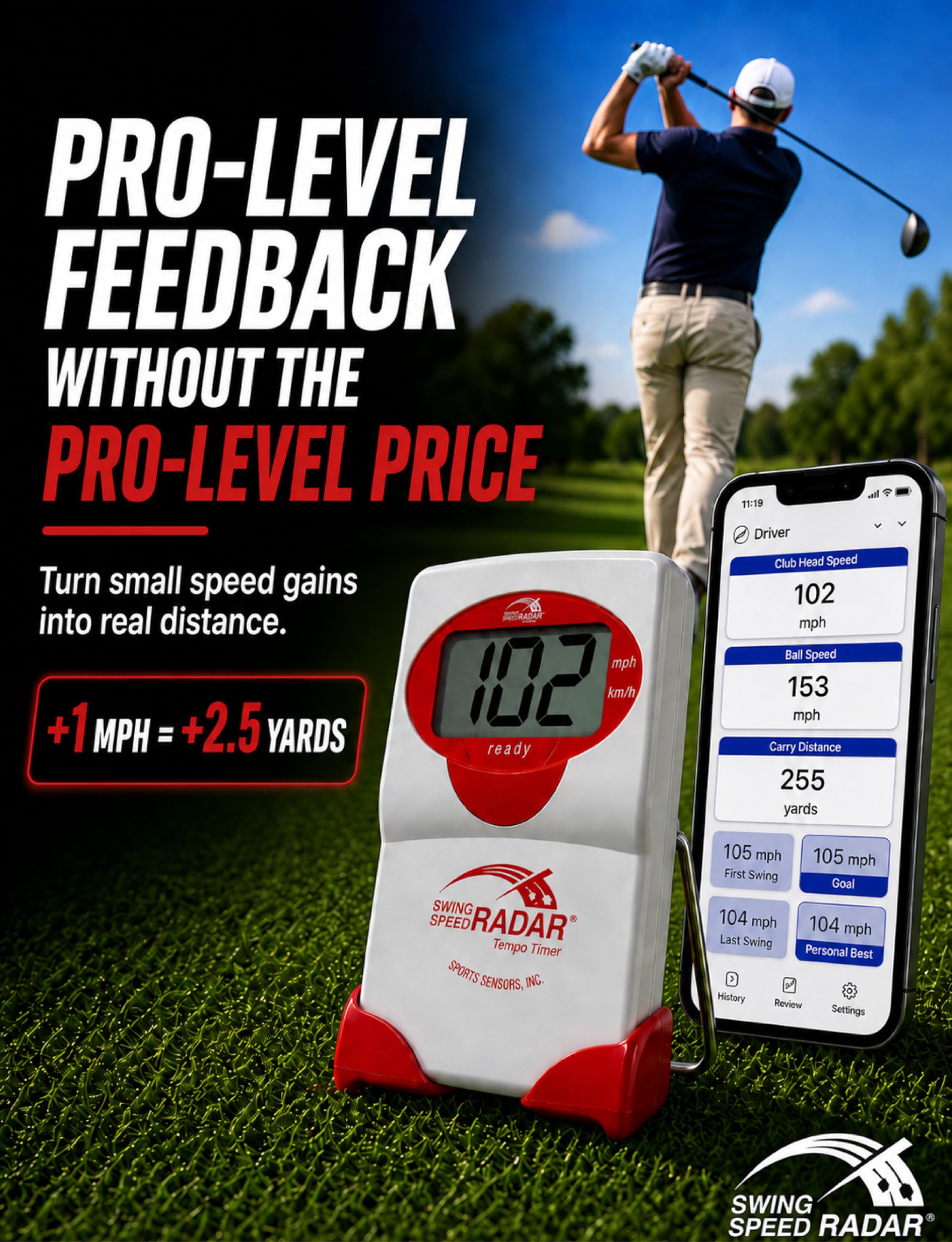 swing speed radar beside a ruler to show compact size and portability
